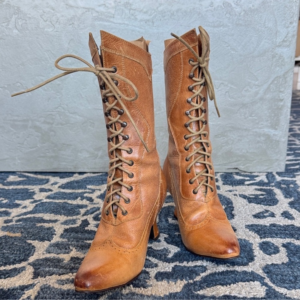 Oak Tree Farms Jasmine Leather Lace up Mid Calf Heeled Boots Sz 8.5 Brown Tan - Picture 2 of 13